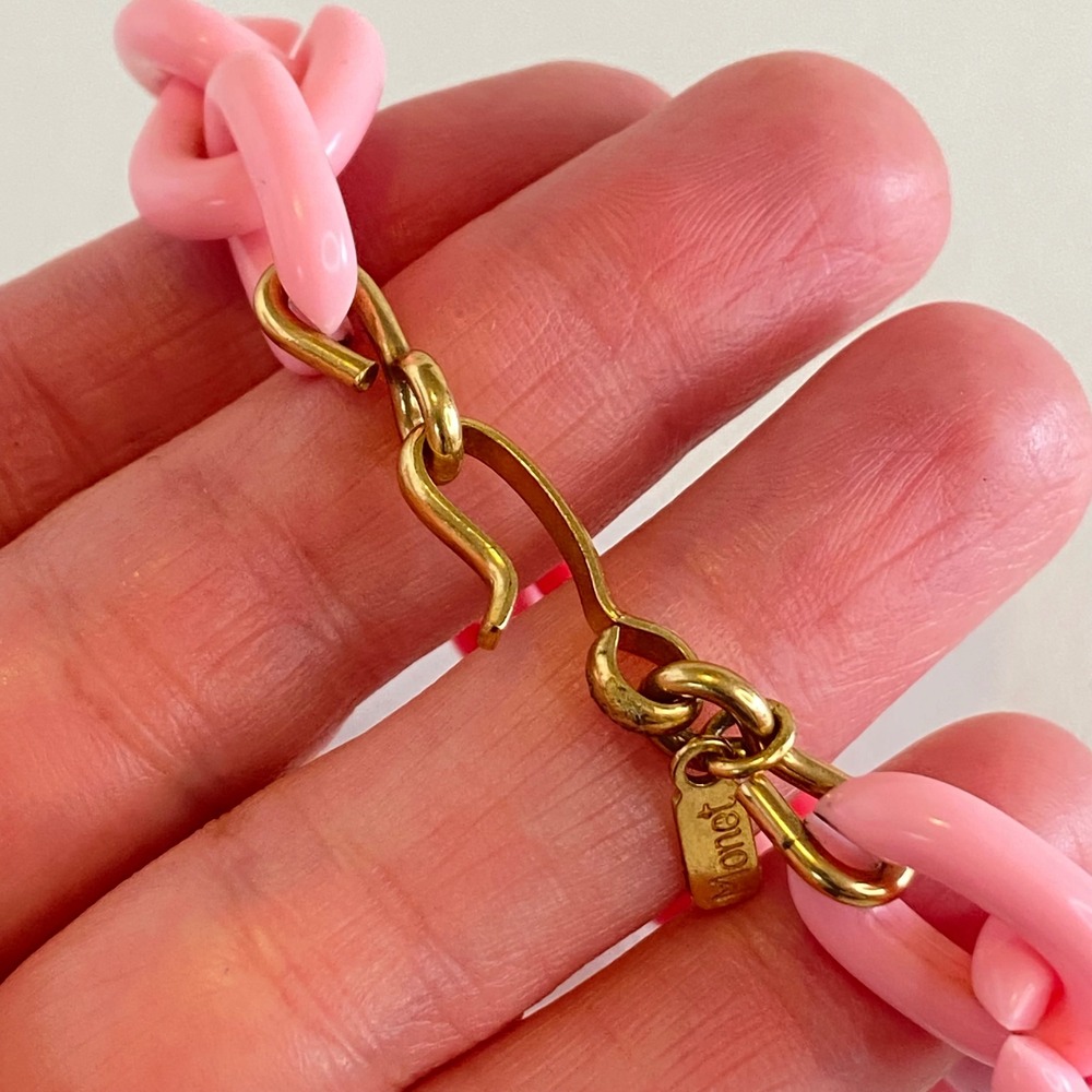 Monet Pink Bracelet Acrylic Plastic Chunky Curb Link Gold Tone Retro Mod - Picture 5 of 11